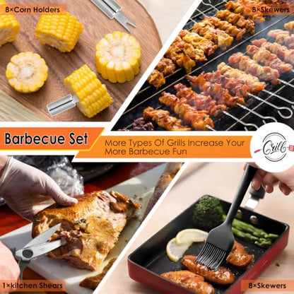 Yoehka BBQ Grilling Accessories Set, 34Pcs Heavy Duty Grill Tools, Brown | For Outdoor Camping, Grilling Gifts for Fathers Day, Men Dad, Stainless Steel Barbecue Utensils Kit, Includes Mats and Glove - style: Brown handle
