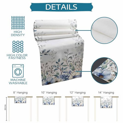 Table Runner and Placemats Set of 6 Blue Flowers Eucalyptus Leaves Decorative Dining Table Runner with Matching Placemats Branch Plant Table Decor for Kitchen Dining Room and Everyday Use 13x90in - size: 13"x90"+6pcs