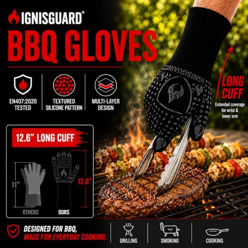 IGNISGUARD® BBQ Gloves, Heat Resistant Grill Gloves, 1 Pair, Black (L) | EN407:2020 tested with textured silicone grip, three-layer construction and long knit cuff for added wrist coverage. - color: Black, size: Large