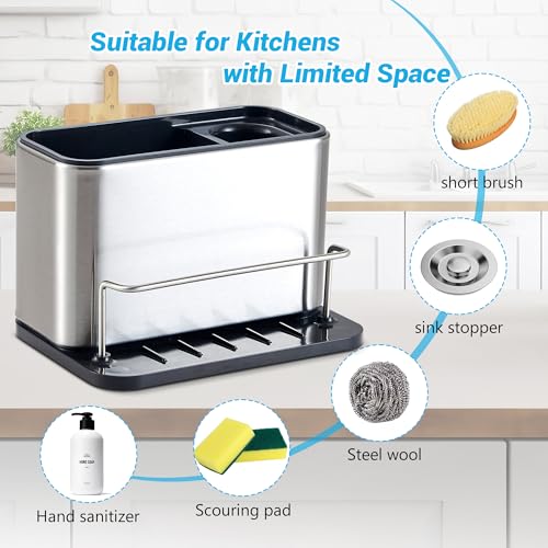 Kitchen Sink Organizer Stainless Steel, Stainless Steel Kitchen Sink Organizer, Compact Multi-Compartment Caddy for Sponges, Brushes & Cleaning Supplies, Rust-Resistant, Easy to Clean