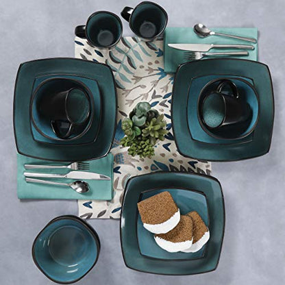 Gibson Elite Soho Lounge 16-Piece Reactive Glaze Dinnerware Set – Teal and Black Tutone Stoneware Plates and Bowls - color: Teal/Black (Soho Lounge), size: Service for 4 (16pcs)