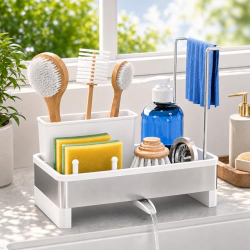 Laveshop Sponge Holder for Kitchen Sink, Rustproof Stainless Steel Sink Caddy with Auto-Drain, Removable Brush Holders, Soap and Dishcloth Organizer, White - color: White