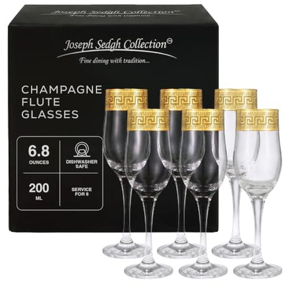 Joseph Sedgh Collection Greek Key Champagne Flute Glasses Set of 6-6.8 oz Round Cylinder Champagne Glasses with Stem, Dishwasher Safe Premium European Grade Glassware
