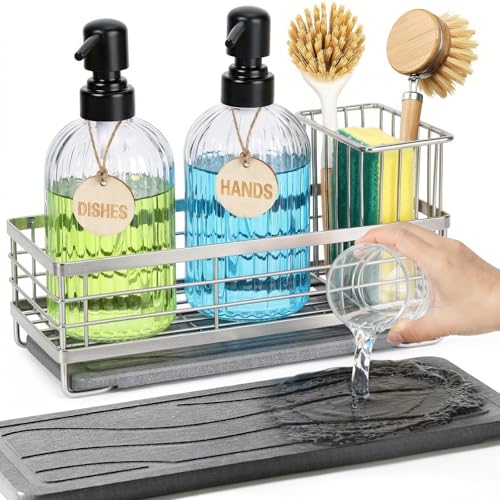 Kitchen Dish Soap Dispenser Set with Tray for Countertop Organizer,Silver | 14OZ Glass Bottle with Rustproof 304 Stainless Steel Sponge Holder and Instant Dry Tray, Hand and Dish Soap Dispenser Set - color: Silver + Dark Grey + Transparent