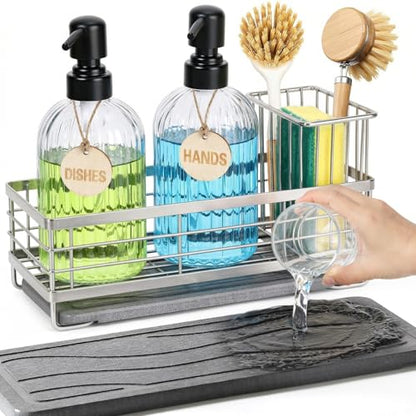 Kitchen Dish Soap Dispenser Set with Tray for Countertop Organizer,Silver | 14OZ Glass Bottle with Rustproof 304 Stainless Steel Sponge Holder and Instant Dry Tray, Hand and Dish Soap Dispenser Set - color: Silver + Dark Grey + Transparent