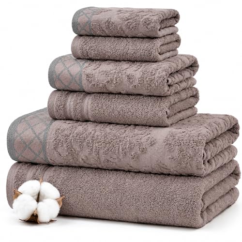 Modern Threads 6 Piece Cotton Bath Towel Set – Ultra Soft 550 GSM Towels – Bathroom Set with Hand Towels and Washcloths – Diamond Border (Classic Taupe) - color: Classic Taupe, size: Standard, style: Diamond Border