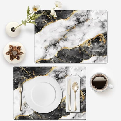 Mcalk Black Marble Table Runner and Placemats Set of 6, Marble Print Placemats, Modern Cloth Place Mats Indoor for Kitchen,Washable Linen Material for Dining Table - color: 02black
