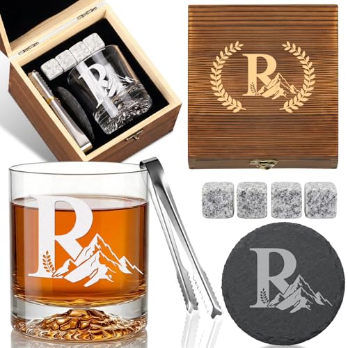 Personalized Whiskey Glass Gift Set for Men – Monogrammed Initial Rocks Glass with Slate Coaster, Wooden Box & Whiskey Stones, Birthday Father's Day for Him Dad Husband (R) - style: R
