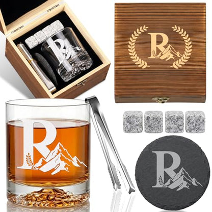 Personalized Whiskey Glass Gift Set for Men – Monogrammed Initial Rocks Glass with Slate Coaster, Wooden Box & Whiskey Stones, Birthday Father's Day for Him Dad Husband (R) - style: R