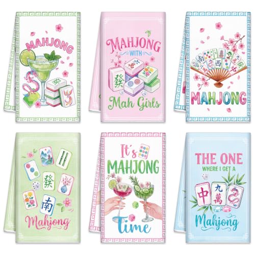 Redbaker 6 Pcs Mahjong Kitchen Towels Mahjong Gifts Bulk | Pink Blue Green Cocktail Absorbent Dish Tea Towels for Gatherings Games Bridal Showers Kitchen Housewarming Gifts, 14 x 21'' - style: Mahjong