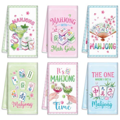 Redbaker 6 Pcs Mahjong Kitchen Towels Mahjong Gifts Bulk | Pink Blue Green Cocktail Absorbent Dish Tea Towels for Gatherings Games Bridal Showers Kitchen Housewarming Gifts, 14 x 21'' - style: Mahjong