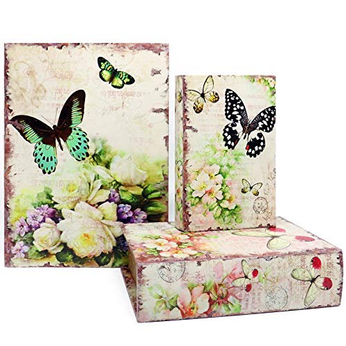 Jolitac Decorative Book Boxes World Map Pattern Antique Book Invisible box with Magnetic cover, Faux Wood Set of 3 Storage Set (Butterfly) - color: Butterfly
