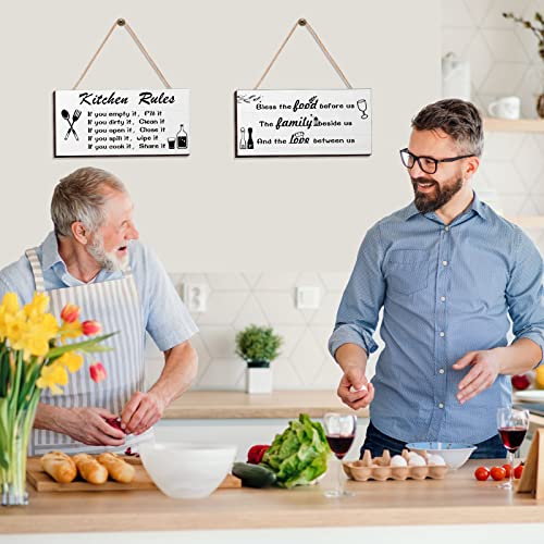 2 Pcs Kitchen Rules Wall Decor Farmhouse Kitchen Sign Wooden Dining Room Decor Black and White Hanging for Rustic Modern Bathroom