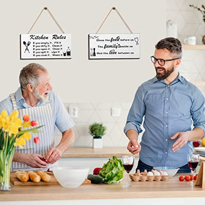 2 Pcs Kitchen Rules Wall Decor Farmhouse Kitchen Sign Wooden Dining Room Decor Black and White Hanging for Rustic Modern Bathroom
