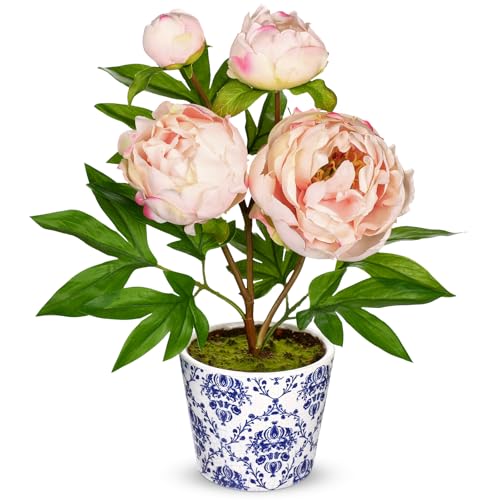 Briful Faux Peony Flowers in Blue and White Ceramic Pot – 13.8" Realistic Silk Peonies Artificial Peony Floral Arrangement Fake Potted Peony Flowers for Home Office Room Desk Shelf Decor(Pale Pink) - color: Pale Pink