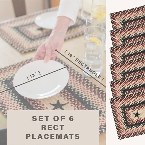 Homespice Gloucester Jute Braided Placemats, Rect 13x19 Set of 6 | Black and Red Everyday and Holiday Table Mats, Rich Colors, Reversible, Durable and Easy to Clean - color: Primitive Star Gloucester