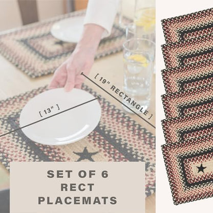 Homespice Gloucester Jute Braided Placemats, Rect 13x19 Set of 6 | Black and Red Everyday and Holiday Table Mats, Rich Colors, Reversible, Durable and Easy to Clean - color: Primitive Star Gloucester