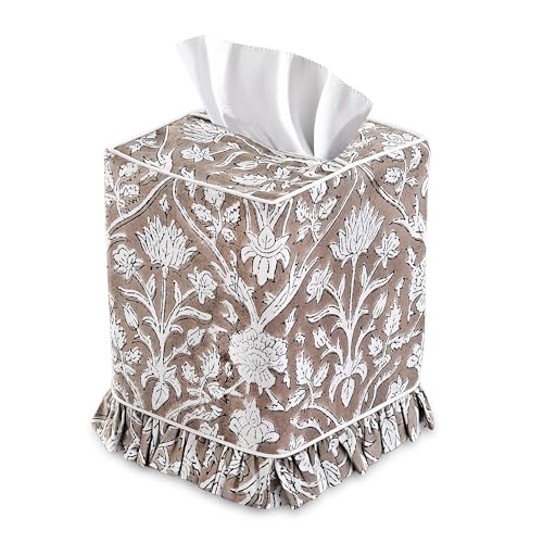Taupe Block Print Ruffle Tissue Box Cover Handmade Cotton Decorative Square Napkin Holder for Home Bedroom Living Room Bathroom Vanity Countertop Car Office Kitchen - color: Taupe