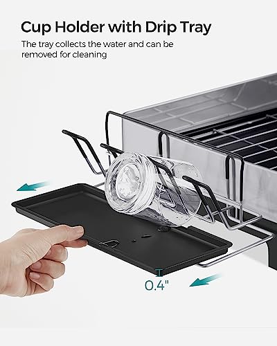 SONGMICS Dish Drying Rack, Premium Stainless Steel Dish Rack with Rotatable Spout, Fingerprint-Resistant Dish Drainers for Kitchen Counter, 12.5 x 22.5 in, Silver and Black UKCS030B01 - color: Silver + Black, size: 12.5"D x 22.5"W x 9.7"H