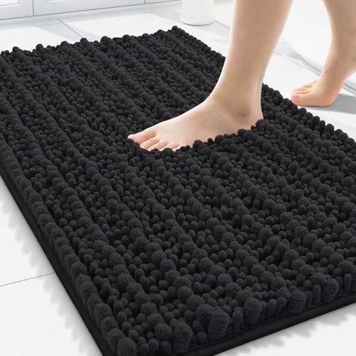Smiry Bathroom Rugs 30X20, Extra Soft Rubber Backing Chenille Bath Mats | Black Machine Washable Non Slip Quick Dry Bath Mats for Bathroom Floor, Tub, Shower, Home Decor Accessories - color: Black, size: 30'' X 20''