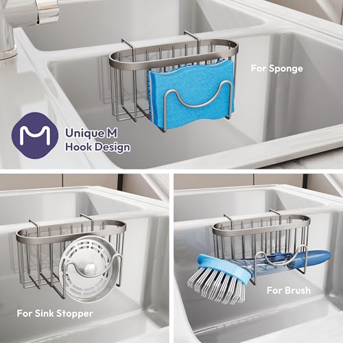 SWTYMIKI Sponge Holder for Kitchen Sink - Movable Kitchen Sink Caddy with M Shape Hook, Stainless Steel Hanging Sponge Caddy for Dish Sponge, Brush, Stopper Organizer in Double Sink, Sand Nickel - color: Sand Nickel-regular