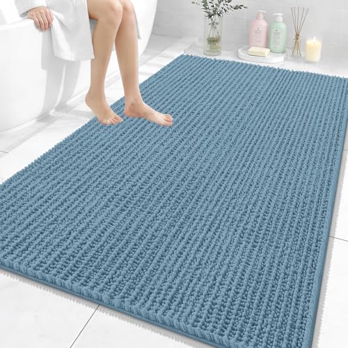 OLANLY Large Bathroom Rugs 59x35, Thick Soft Absorbent Chenille Bath Rugs | Airy Blue, Quick-Drying Rubber Backing, Shaggy Bath Mat, Machine Washable for Floor, Tub and Shower, Home Decor Accessories - color: Airy Blue, size: 59" x 35"