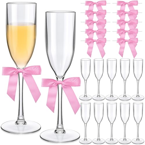 Zopeal Plastic Reusable Champagne Flute Glasses 6 oz and 50 Pcs Bow Set Acrylic Wedding Toasting Goblet 3.5" Bow Unbreakable Wine Cup for Bachelorette Bridal Shower Party(Clear and Pink) - color: Clear and Pink