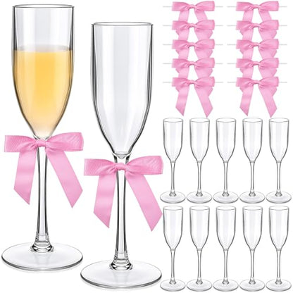 Zopeal Plastic Reusable Champagne Flute Glasses 6 oz and 50 Pcs Bow Set Acrylic Wedding Toasting Goblet 3.5" Bow Unbreakable Wine Cup for Bachelorette Bridal Shower Party(Clear and Pink) - color: Clear and Pink