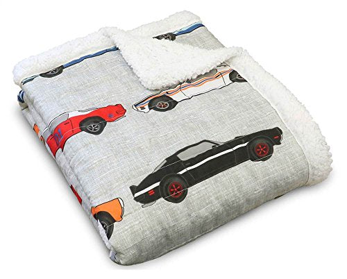 Lush Decor Cars Throw | Fuzzy Reversible Sherpa Blanket with Racing Print Design for Kids-60” x 50, Blue & Orange - color: Blue & Orange