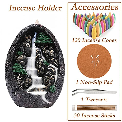 Backflow Incense Holder Resin Mountain Incense Burner Fountain Waterfall Incense Holders Home Decor with 120 Pcs Backflow Incense Cones 30 Pcs Incense Sticks (Waterfall) | Includes 120 Backflow Incense Cones, 30 Incense Sticks, Unique Waterfall Design
