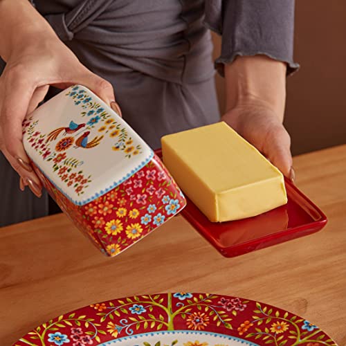 Bico Red Spring Bird Ceramic Butter Dish with Lid, Wide Butter Keeper for Counter, Kitchen Countertop, Microwave and Dishwasher Safe - color: Red Spring Bird