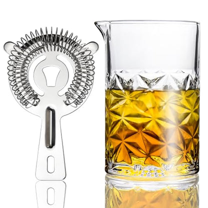 Cocktail Mixing Glass with Strainer Set, Bartender Gifts for Men | 24 oz Crystal Stirring Glass with 304 Stainless Steel Strainer, Elegant and Professional Barware Tools, Housewarming Gift