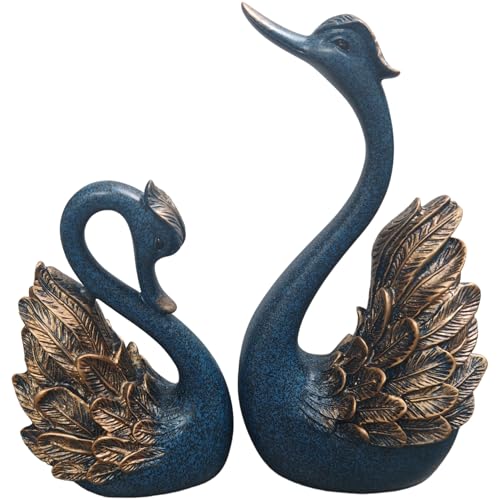 2pcs Swan Statues Couple's Home Decorations for Living Room Decor and Accessories, Sculptures Home Decor for Coffee Table, Book Shelf Decor Accents (Blue) - color: Blue