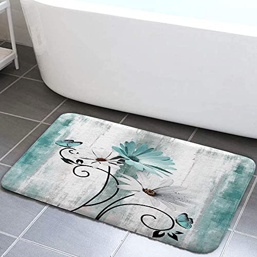 Rustic Farmhouse Bath Mat Set, Farm Teal Daisy Floral Flowers and Butterfly on Country Wooden Bathroom Mat Set with Non-Slip Bath Rug, Soft Toilet Lid Cover and Contour Mat, Turquoise Blue (Teal) - color: Teal