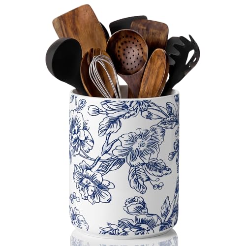 Blue Floral Ceramic Utensil Holder 6.3 Inch Chinoiserie Vintage Kitchen Crock Blue and White Floral Countertop Storage Organizer for Spatulas and Spoons Home Cooking Unique Gift Idea - style: Blue Floral