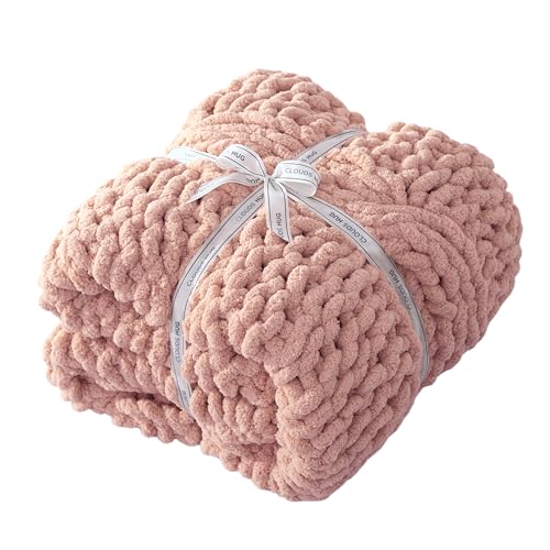 Chunky Knit Blanket Throw - 100% Hand Knitted Chunky Soft Throw Blanket for Couch, Thick and Warm Blanket for Winter, Pink, 50x60 Inches - color: Pink, size: Throw (50" x 60")