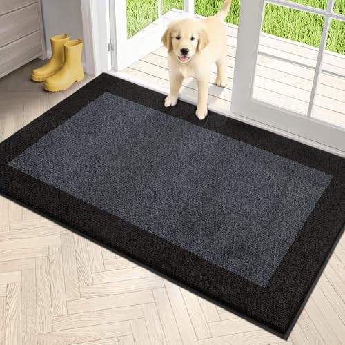 PURRUGS Dirt Trapping Indoor Door Mat, 34" x 60", Bluish Grey & Charcoal | Machine Washable, Non-Slip, Waterproof TPR Backing, Super Absorbent, Low Profile, Entryway Rug for Muddy Paws and Shoes - color: Bluish Grey & Charcoal, size: 34" X 60"