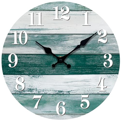 Wall Clock Silent Non-Ticking Wooden Clocks Battery Operated 12 Inch Small Country Retro Rustic and Beach Style Decorative for Kitchen, Home, Bathroom, Bedroom (Green) - color: Green, size: 12 Inch