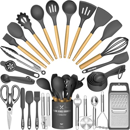 Umite Chef Silicone Kitchen Utensil Set, 34PCS Heat Resistant Kitchen Gadgets and Tools With Grater, Wood Handles for Nonstick Cookware (Dark Gray) - color: Dark Gray