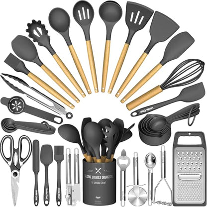 Umite Chef Silicone Kitchen Utensil Set, 34PCS Heat Resistant Kitchen Gadgets and Tools With Grater, Wood Handles for Nonstick Cookware (Dark Gray) - color: Dark Gray