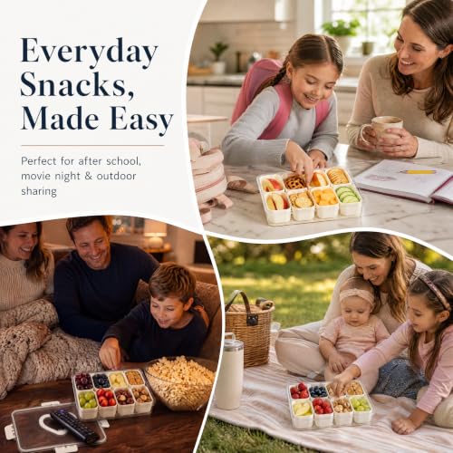 Snackle Box Container with Leakproof Lid and Handle, 8 Compartment Divided Serving Tray with Removable Containers, Spill-Proof Portable Snack Tray for Kids Snacks, Fruit, Candy, Nuts, Picnic & Parties