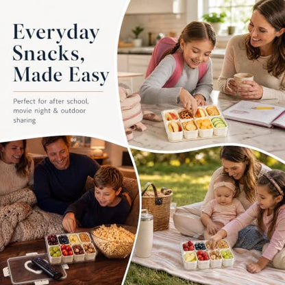 Snackle Box Container with Leakproof Lid and Handle, 8 Compartment Divided Serving Tray with Removable Containers, Spill-Proof Portable Snack Tray for Kids Snacks, Fruit, Candy, Nuts, Picnic & Parties
