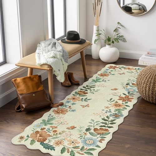 Lahome Floral Kitchen Runner Rug, 2x5 Rug Runners for Hallways Non Slip | Soft Ultra-Thin Washable Carpet Runner Non Slip Low-Pile Boho Carpet for Bathroom Bedroom Flore (2x5ft, Beige) - color: Beige, size: 2' x 5'(Runner)