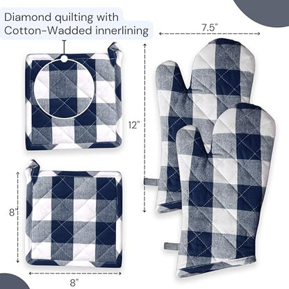Oven Mitt & Pot Holder Buffalo Plaid Check 100% Cotton Heat Resistant Oven Gloves (7"x13") & Hot Pads (8"x8") Combo for Baking, Cooking - Navy - color: Navy Buffalo Plaid