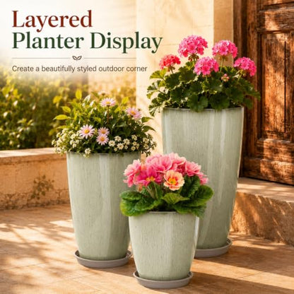 Neoaider Set of 3 Tall Planter, 24/21/12in Large Plastic Planter, DripGlaze | Ceramic-Look, Lightweight, Built-in Drain Hole, Saucers, Tall Outdoor Planter for Porch, Garden, Patio, Balcony - color: Drip Glaze