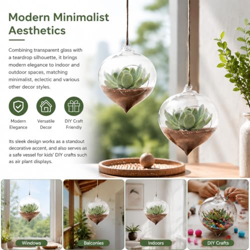 Hanging Glass Planter, 3.7x4.7in Teardrop Rope Terrarium, Transparent Hydroponic Vase for Indoor Herb Garden, Easy to Hang Air Plant Holder, Home Decoration
