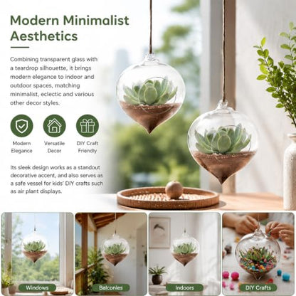 Hanging Glass Planter, 3.7x4.7in Teardrop Rope Terrarium, Transparent Hydroponic Vase for Indoor Herb Garden, Easy to Hang Air Plant Holder, Home Decoration