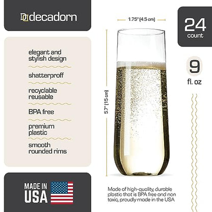 DECADORN Clear Stemless Champagne Flutes Plastic 24 Pack, Made in USA, 9oz Plastic Champagne Glasses - Durable and Sturdy Mimosa Glasses For Parties - Shatterproof, Recyclable, BPA-Free, Smooth Rims - size: 24 Pack