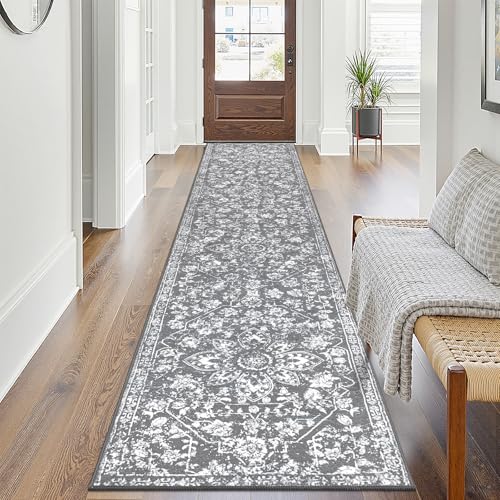 Pauwer Vintage Floral 2x10 Runner Rug, Non Slip Hallway Rug Runner, Grey | Machine Washable, Faux Wool, Low-Pile, Non-Shedding, Soft Distressed Floor Carpet For Entryway, Laundry, Bedroom, Kitchen - color: Vintage Grey, size: 2' x 10' (Runner)