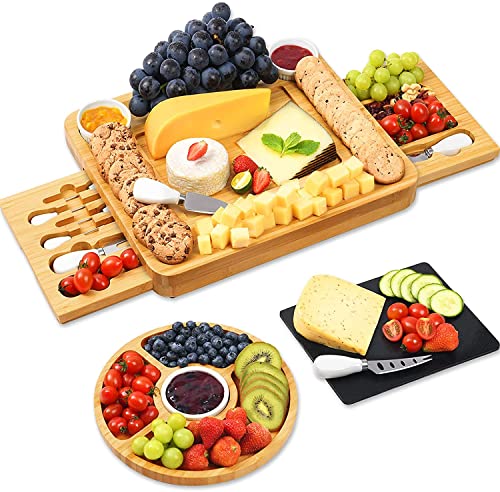 ROYAMY Bamboo Cheese Charcuterie/Serving Board and Knife Set with Round Tray, Wooden Cheese Platter/Tray, Perfect for Christmas, Anniversary,Wedding,Housewarming Gift Ideas